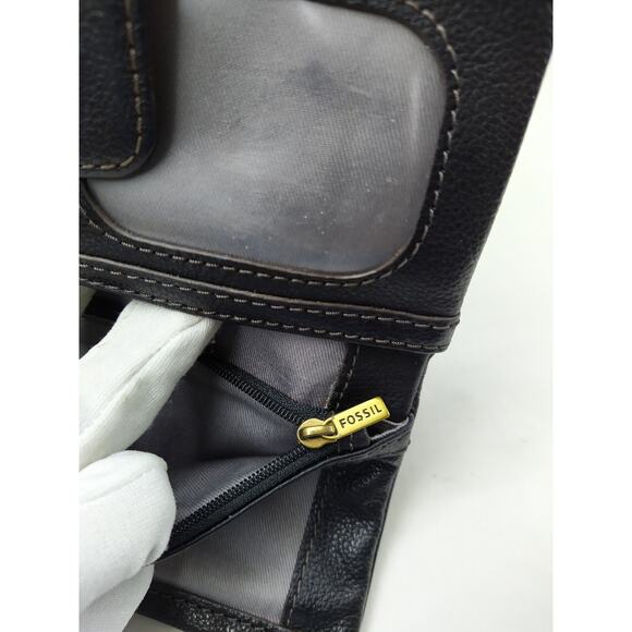 Fossil Black Pebbled Leather Zipper Closure Credit Card ID Window Bifold Wallet - Picture 10 of 15